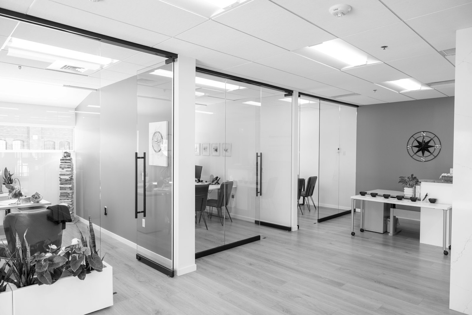 Modern office space with glass walls and light decor