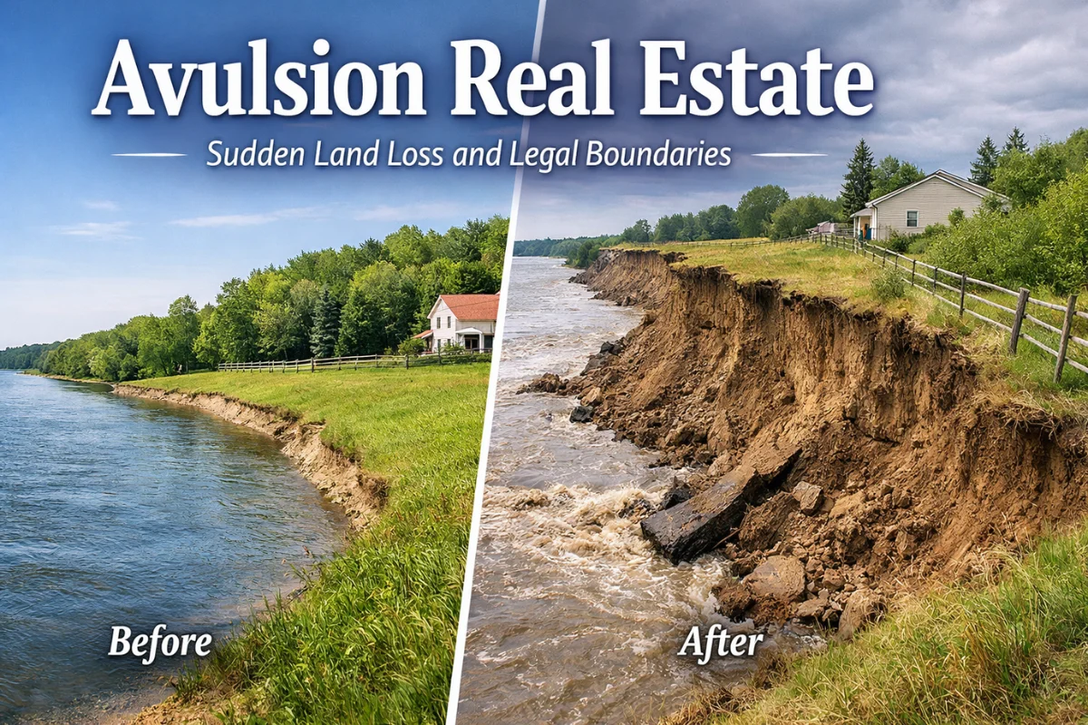Avulsion Real Estate showing sudden land loss after flood altering property boundaries