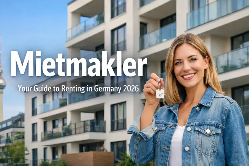 Mietmakler guide 2026 showing a rental agent holding apartment keys in front of a modern German apartment building
